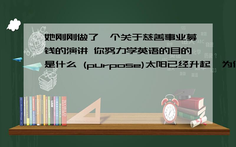 她刚刚做了一个关于慈善事业募钱的演讲 你努力学英语的目的是什么 (purpose)太阳已经升起,为何还不起床?(rise)长时间的工作之后你应该休息一下.(have a rest)