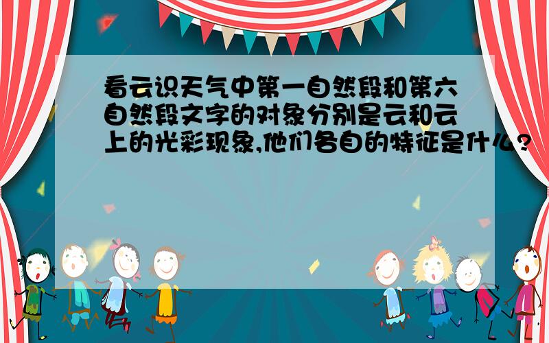 看云识天气中第一自然段和第六自然段文字的对象分别是云和云上的光彩现象,他们各自的特征是什么?