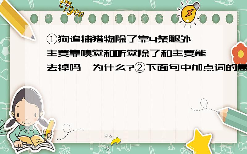 ①狗追捕猎物除了靠4条腿外,主要靠嗅觉和听觉除了和主要能去掉吗,为什么?②下面句中加点词的意义和用法相同的是A.1体兼彩,而不极与色 2此用武之国,而其主不能守也（而）B.1纯以情韵胜 2