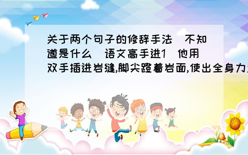 关于两个句子的修辞手法．不知道是什么．语文高手进1．他用双手插进岩缝,脚尖蹬着岩面,使出全身力量一寸一寸地上升2．活着就是幸福,就是胜利,就是一切．上面两句话分别用了什么修辞