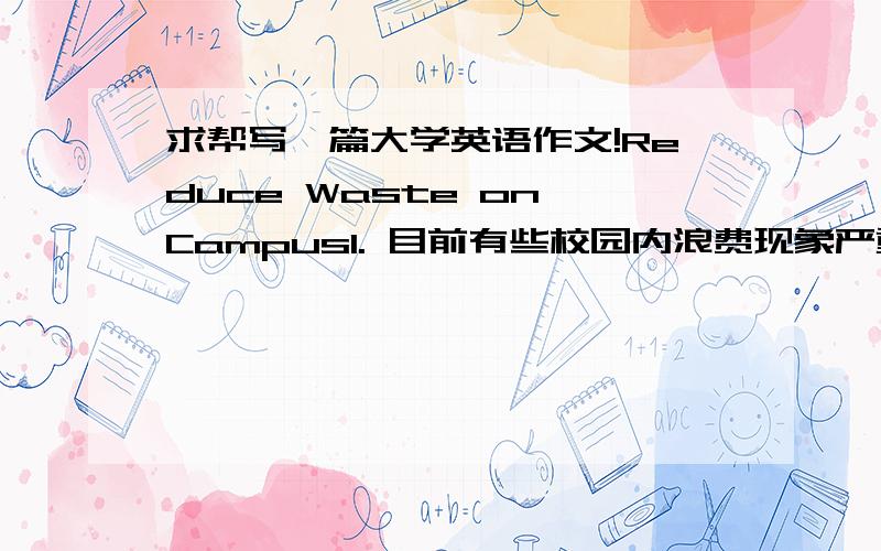 求帮写一篇大学英语作文!Reduce Waste on Campus1. 目前有些校园内浪费现象严重……2. 浪费的危害……3. 从我做起,杜绝浪费.复制粘贴就算了.