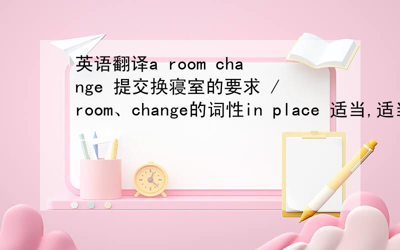 英语翻译a room change 提交换寝室的要求 /room、change的词性in place 适当,适当的；在适当的地方,在恰当的位置 /place的词性set foot in 踏进；进入；涉足于 /foot的词性这些应该不算合成词吧,合成词