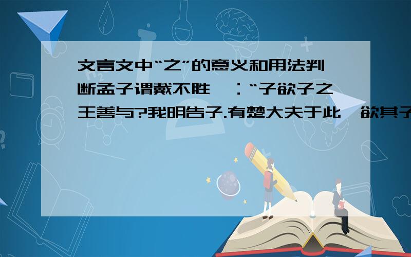 文言文中“之”的意义和用法判断孟子谓戴不胜曰：“子欲子之王善与?我明告子.有楚大夫于此,欲其子之齐语也,则使齐人傅诸?使楚人傅诸?”曰：“使齐人傅之.”曰：“一齐人傅之,众楚人