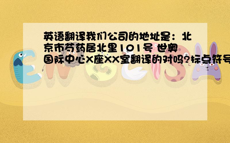 英语翻译我们公司的地址是：北京市芍药居北里101号 世奥国际中心X座XX室翻译的对吗?标点符号使用是否有误?名片中空间有限,回车位置是否合理?邮编使用这样的格式准确吗?Add :Room No.810 Build