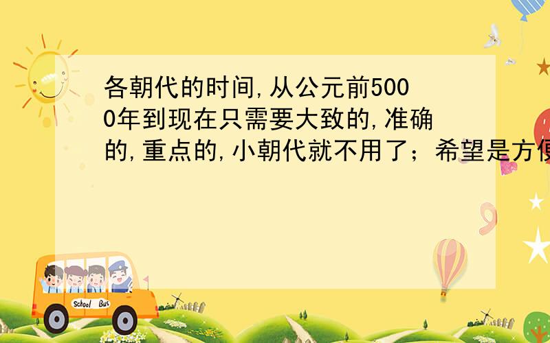 各朝代的时间,从公元前5000年到现在只需要大致的,准确的,重点的,小朝代就不用了；希望是方便记忆的