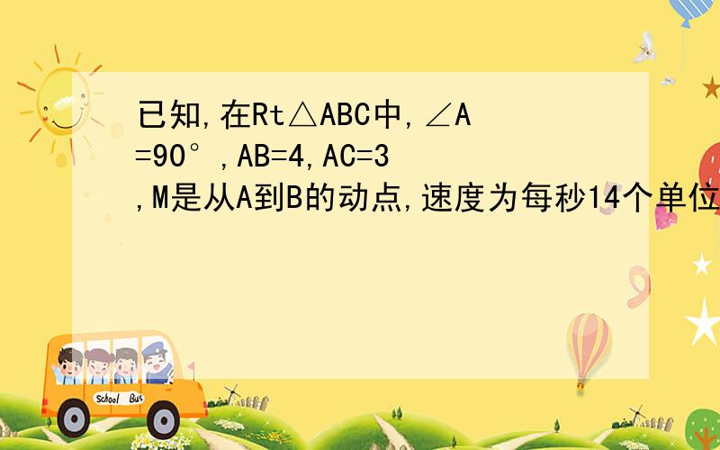 已知,在Rt△ABC中,∠A=90°,AB=4,AC=3,M是从A到B的动点,速度为每秒14个单位,过M点作MN‖BC交AC于N,设运动时间为x秒.（1）求AN的长（用含x的代表式表示）；（这题已经解出来了,不用写答案）（2）作M