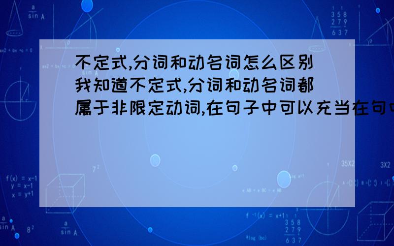 不定式,分词和动名词怎么区别我知道不定式,分词和动名词都属于非限定动词,在句子中可以充当在句中可以充当主语、宾语、表语、定语、状语、补足语等.但我不明白的是,在句子中如何选