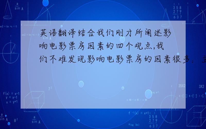 英语翻译结合我们刚才所阐述影响电影票房因素的四个观点,我们不难发现影响电影票房的因素很多：主要有明星阵容,电影档期和影片质量,而广受人们注意的影片成本对票房的影响却很小.因