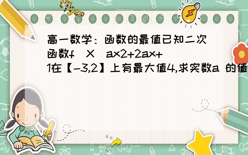 高一数学：函数的最值已知二次函数f(X)ax2+2ax+1在【-3,2】上有最大值4,求实数a 的值