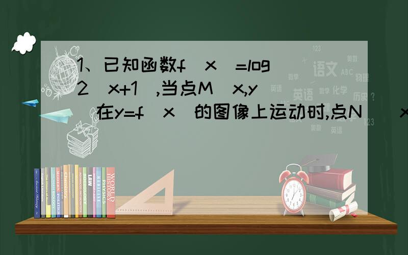 1、已知函数f(x）=log2(x+1),当点M（x,y)在y=f(x)的图像上运动时,点N（（x-a+1)/2,2y)(a属于R）在函数y=g(x)的图像上运动.（1）求y=g(x)的解析式（2）若在x属于【0,1】时,g(-x)>f(2x)恒成立,求参数a的取值范