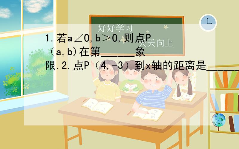 1.若a∠O,b＞O,则点P（a,b)在第______象限.2.点P（4,-3）到x轴的距离是______个单位长度,到y轴的距离是______个单位长度.3.点Q（a,b)在x轴上,则b=______；点M（a,b)在y轴上,则a=______.4.将点P（-5,1）沿x轴正