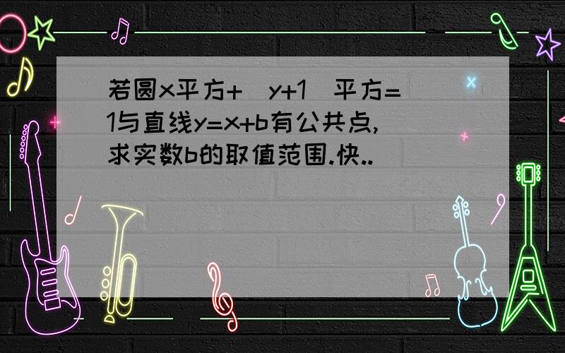 若圆x平方+(y+1)平方=1与直线y=x+b有公共点,求实数b的取值范围.快..