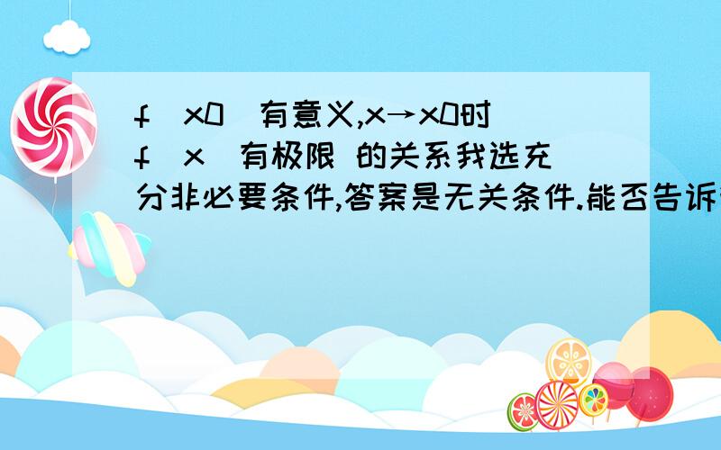 f(x0)有意义,x→x0时f(x)有极限 的关系我选充分非必要条件,答案是无关条件.能否告诉我为什么f(x0)有意义,x→x0时f(x)极限不一定存在吗?最好能举例,