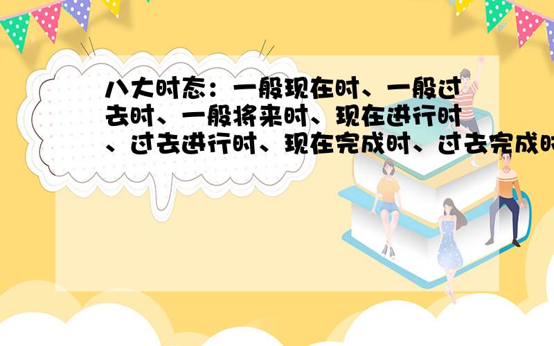 八大时态：一般现在时、一般过去时、一般将来时、现在进行时、过去进行时、现在完成时、过去完成时、过去将来时.希望能有所以语态都包含在内的练习题、越有代表性越好、现在悬赏20!