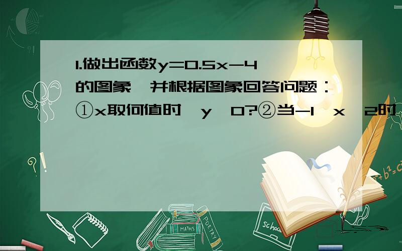 1.做出函数y=0.5x-4的图象,并根据图象回答问题：①x取何值时,y＞0?②当-1≤x≤2时,求y的取值范围.2.已知直线y=kx+b平行于直线Y=-3x+4,且与直线y=2x-6的交点A在x轴上,试求：①点A的坐标②直线y=kx+b的