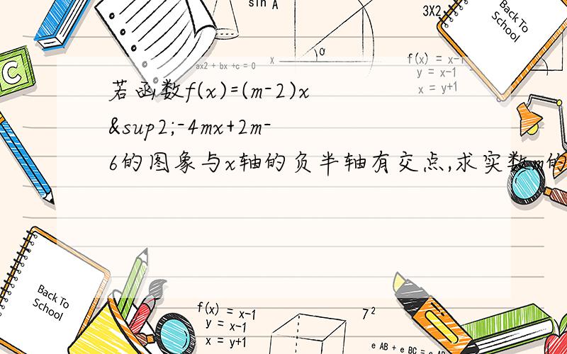 若函数f(x)=(m-2)x²-4mx+2m-6的图象与x轴的负半轴有交点,求实数m的取值范围.