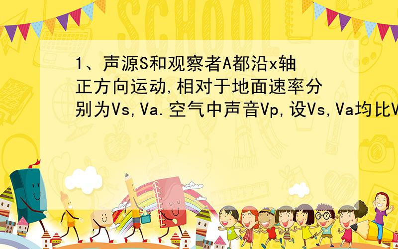 1、声源S和观察者A都沿x轴正方向运动,相对于地面速率分别为Vs,Va.空气中声音Vp,设Vs,Va均比Vp小.空气不流动.A在S前面.（1）若声源相继发出两个声信号,时间间隔T.请根据发出这两个声信号从声