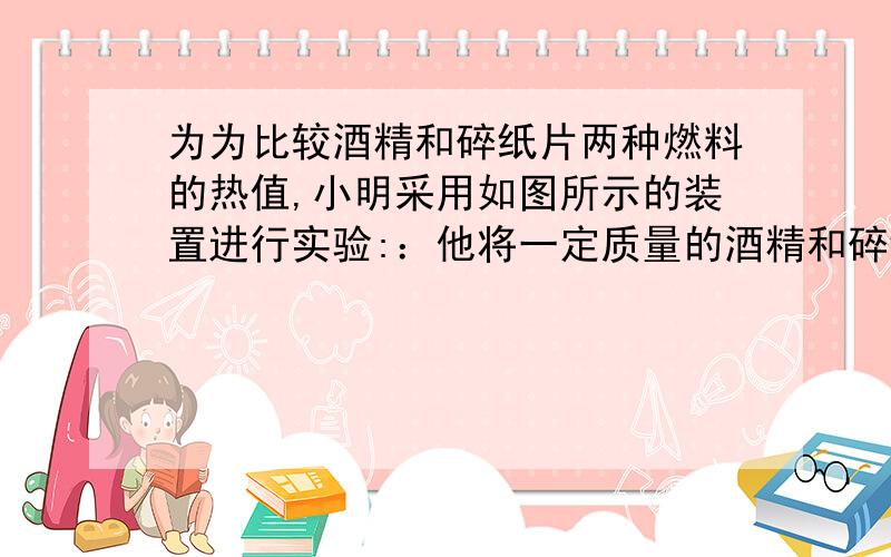 为为比较酒精和碎纸片两种燃料的热值,小明采用如图所示的装置进行实验:：他将一定质量的酒精和碎纸片分别放入两个燃烧皿中,点燃它们,分别给两个相同的装有相等质量的水滴烧杯加热,