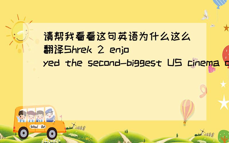 请帮我看看这句英语为什么这么翻译Shrek 2 enjoyed the second-biggest US cinema opening ever, taking $108m over its first weekend.书上给的翻译是《怪物史莱克2》上映的第一个周末就以1.08亿美元创下了美国电影