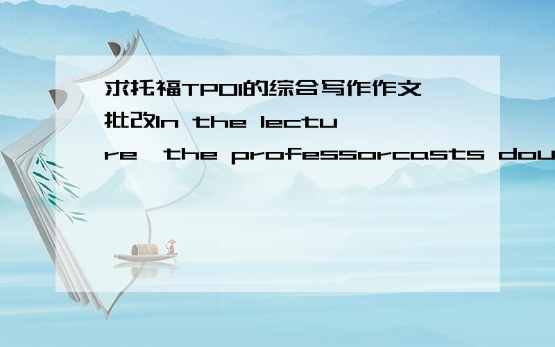 求托福TPO1的综合写作作文批改In the lecture,the professorcasts doubt on the reading passage`s idea that offering employees the four-dayworking option may increase the company`s economy and employees` life quality.The professor asserts that