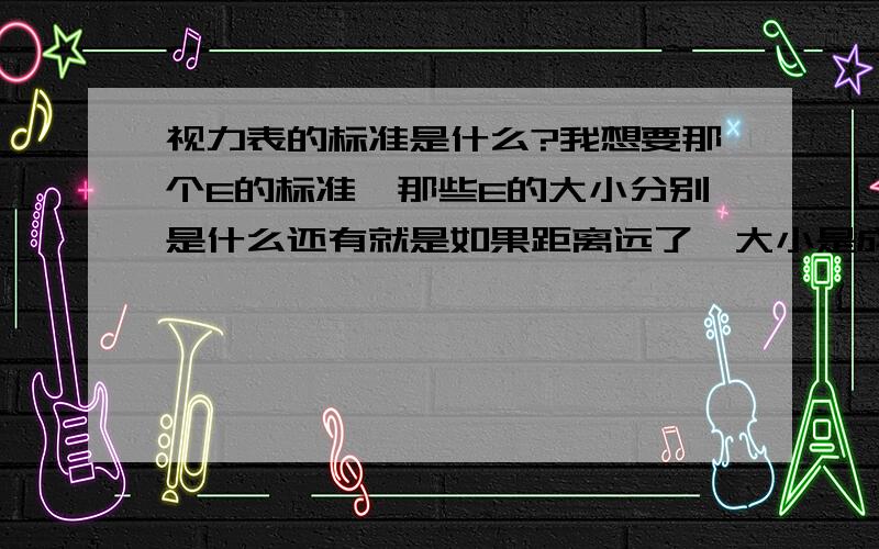 视力表的标准是什么?我想要那个E的标准,那些E的大小分别是什么还有就是如果距离远了,大小是成比例增大吗?