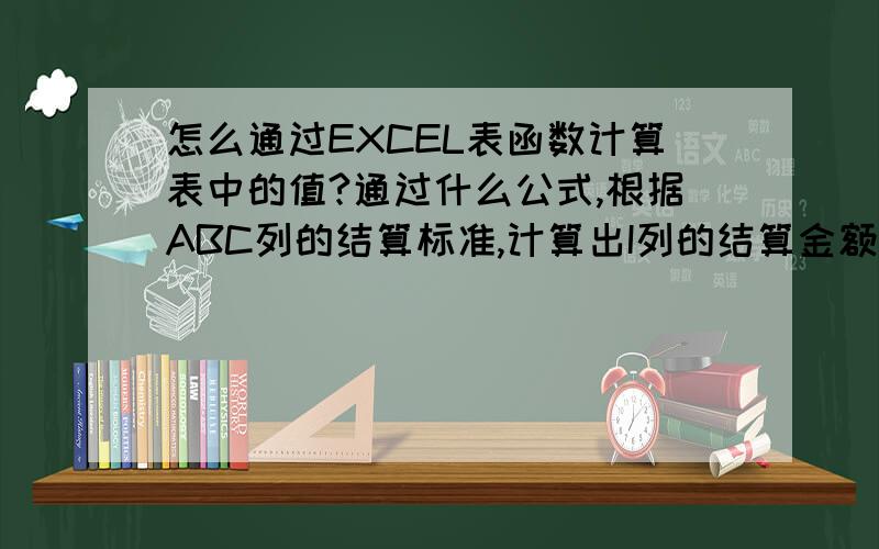 怎么通过EXCEL表函数计算表中的值?通过什么公式,根据ABC列的结算标准,计算出I列的结算金额?应该是当G、H列二个条件同时满足A、B列标准时,结算金额自动取C列数据