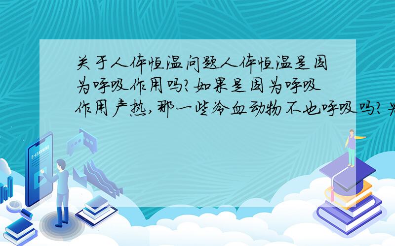 关于人体恒温问题人体恒温是因为呼吸作用吗?如果是因为呼吸作用产热,那一些冷血动物不也呼吸吗?为什么它们不恒温?如果不是,那人体恒温是为什么?