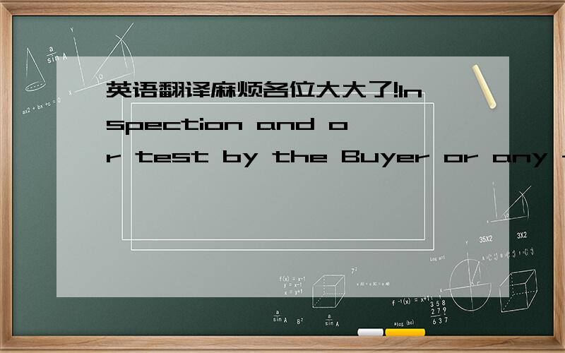 英语翻译麻烦各位大大了!Inspection and or test by the Buyer or any failure to Inspect or test shall not relieve the Seller of any responsibility or liability for the supply of Goods in accordance with the Contract and shall not imply any ac