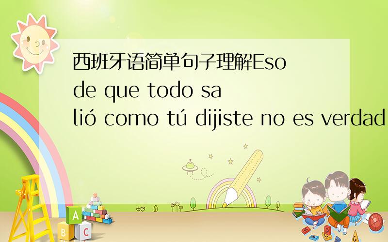 西班牙语简单句子理解Eso de que todo salió como tú dijiste no es verdad.事情的结果不是像你所说的那样.前半句怎么理解啊.就是Eso de que todo salió 事情的结果.就是这一点 理解不通