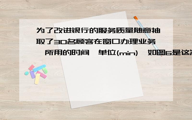 为了改进银行的服务质量随意抽取了30名顾客在窗口办理业务,所用的时间,单位(min),如图6是这次调查,得到的统计图,请你根据图中的信息,回答下列问题.  会给好评的!