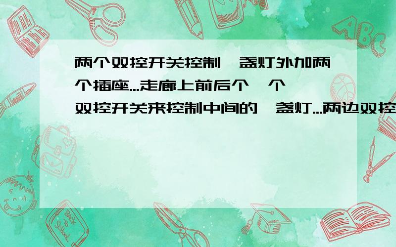 两个双控开关控制一盏灯外加两个插座...走廊上前后个一个双控开关来控制中间的一盏灯...两边双控开关下个有一个插座...最好有图...想在两边开关下装插座...但不受开关控制...