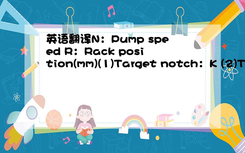 英语翻译N：Pump speed R：Rack position(mm)(1)Target notch：K (2)Tolerance for racks not indicated：+-0.05(3)Do not anjust boost compensator spring(4)RACK LIMIT(5)Set idle sub-spring(6)Main spring settingI：idle(1)Stopper bolt seettingpump no