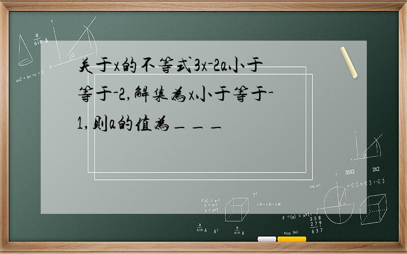 关于x的不等式3x-2a小于等于-2,解集为x小于等于-1,则a的值为___