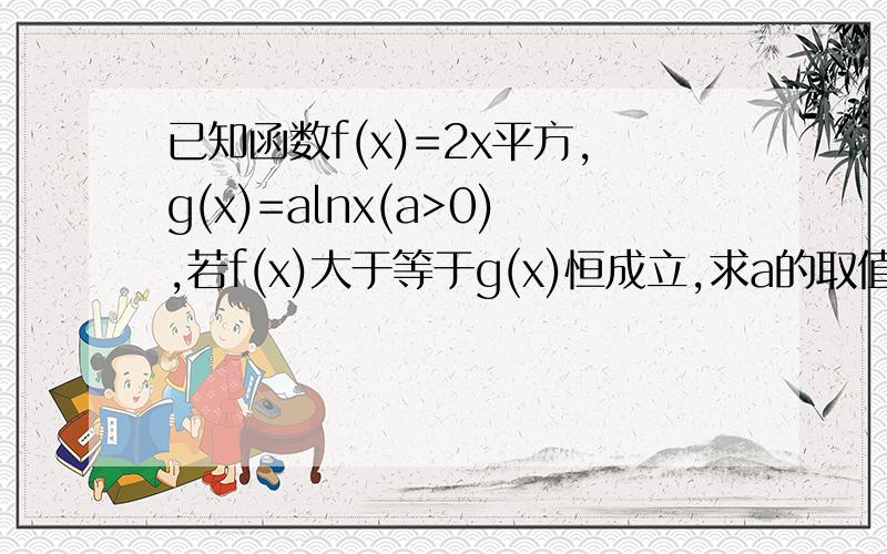 已知函数f(x)=2x平方,g(x)=alnx(a>0),若f(x)大于等于g(x)恒成立,求a的取值范围