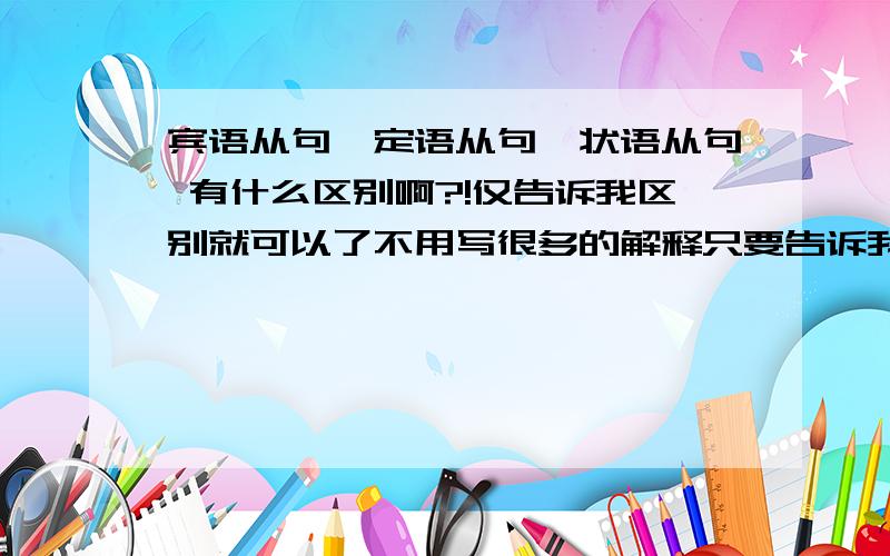 宾语从句,定语从句,状语从句 有什么区别啊?!仅告诉我区别就可以了不用写很多的解释只要告诉我宾语从句，定语从句，状语从句各用于什么就行了最好是有列句的还有：答案一定要精炼！