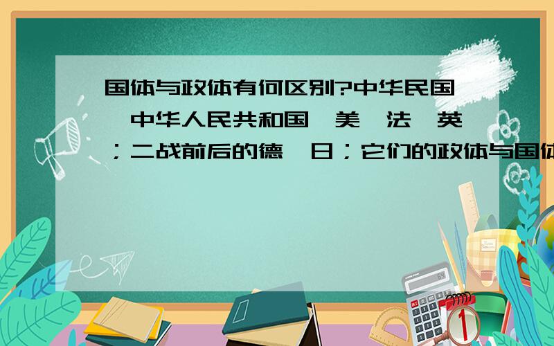 国体与政体有何区别?中华民国,中华人民共和国,美,法,英；二战前后的德,日；它们的政体与国体分别是什么?请准确紧要回答.