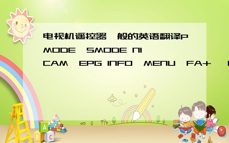 电视机遥控器一般的英语翻译PMODE  SMODE NICAM  EPG INFO  MENU  FA+   FA- STILL  TXT  EDITOR/GROUP  INDEX  SUBPAGE  HOLD SIZE  TV/RADIO  LANG/AUDIO SUBTITLE