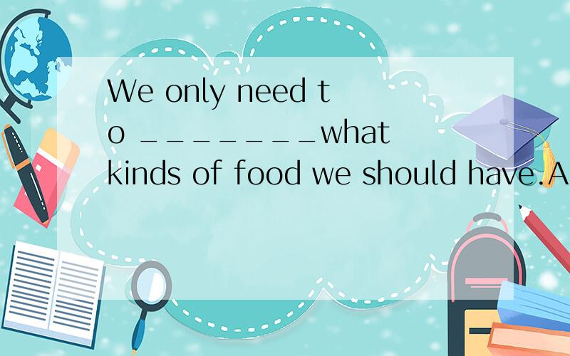 We only need to _______what kinds of food we should have.A.think atB.worryC.careD.mind over