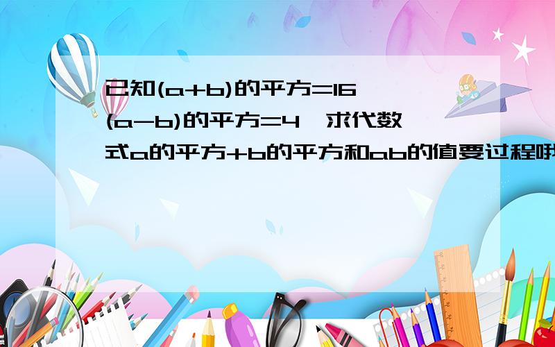 已知(a+b)的平方=16,(a-b)的平方=4,求代数式a的平方+b的平方和ab的值要过程哦,谢谢