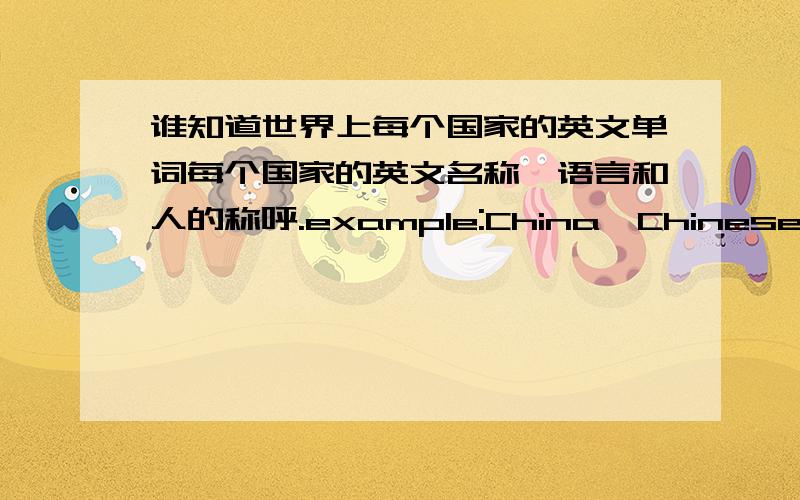 谁知道世界上每个国家的英文单词每个国家的英文名称,语言和人的称呼.example:China,Chinese,Chinese.