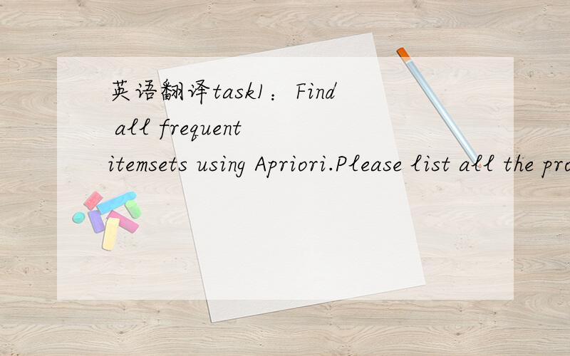 英语翻译task1：Find all frequent itemsets using Apriori.Please list all the procedures toward your findings according to your determined support and confidence and tell out the basic rules followed when determining the s and c.task2：List all o