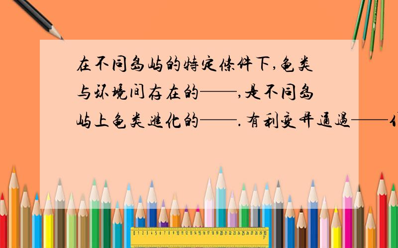 在不同岛屿的特定条件下,龟类与环境间存在的——,是不同岛屿上龟类进化的——.有利变异通过——作用得到积累和加强,经过上述长期的进化过程,形成了具有显著变异的不同——.