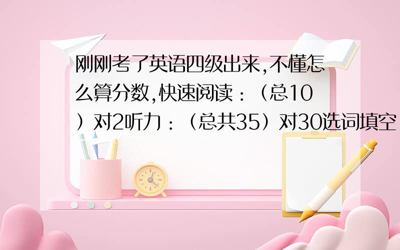 刚刚考了英语四级出来,不懂怎么算分数,快速阅读：（总10）对2听力：（总共35）对30选词填空：(总共10）对8阅读理解（总共10）对9完型（总20）对20作文：就算70分翻译：做了一点 不过不怎