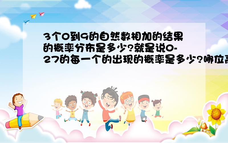 3个0到9的自然数相加的结果的概率分布是多少?就是说0-27的每一个的出现的概率是多少?哪位高人有比较好的算法啊