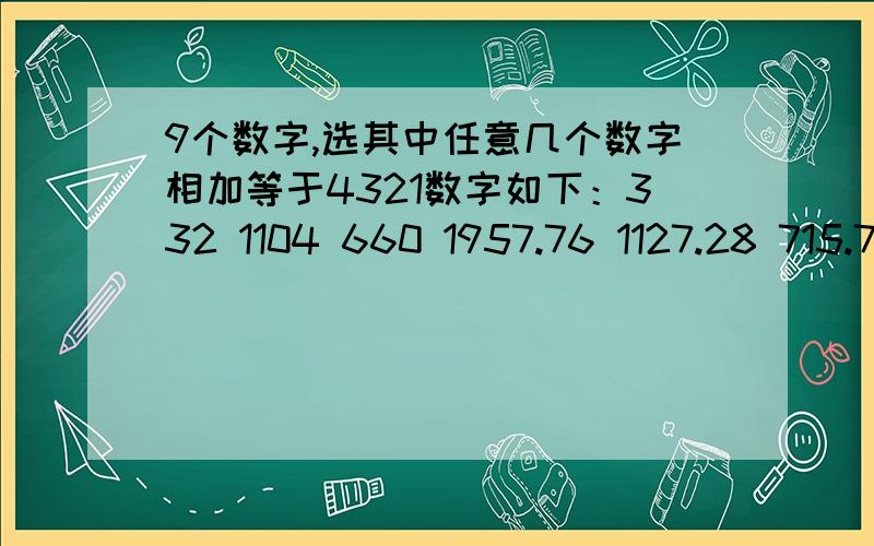 9个数字,选其中任意几个数字相加等于4321数字如下：332 1104 660 1957.76 1127.28 715.72 769.4 1107.52 66相差一点没关系.小于4330.就是从以上九个数字中选出几个相加等于4321.