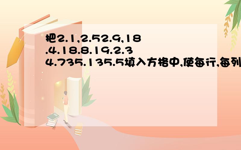 把2.1,2.52.9,18.4.18.8.19.2.34.735.135.5填入方格中,使每行,每列,每条对角线的把2.1,2.5,2.9,18.4,18.8,19.2,34.7,35.1,35.5填入方格中,使每行,每列,每条对角线的三个数的和都相等.就是3X3的小方格