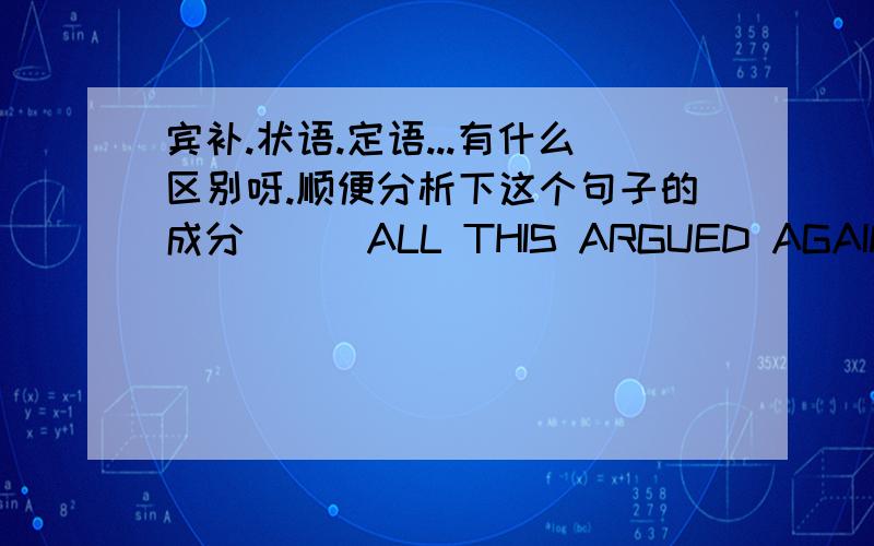 宾补.状语.定语...有什么区别呀.顺便分析下这个句子的成分```ALL THIS ARGUED AGAINST THE THEORY THAT THE DISEASE WAS SPREAD BY WATER``谢谢!