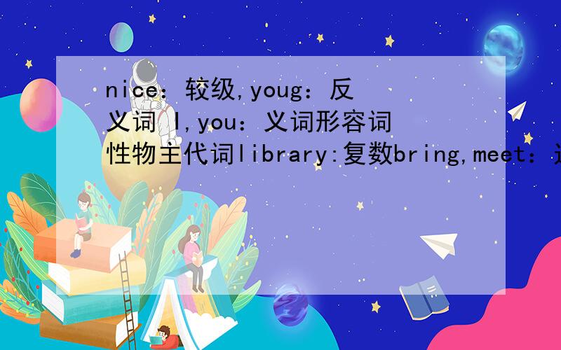 nice：较级,youg：反义词 I,you：义词形容词性物主代词library:复数bring,meet：过去式