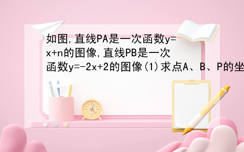 如图,直线PA是一次函数y=x+n的图像,直线PB是一次函数y=-2x+2的图像(1)求点A、B、P的坐标（可用N表示）（2）若点Q是直线PA于y轴的交点,△POB的面积是2/3,AB=2,试求点P的坐标,直线PA的解或和四边形PQ