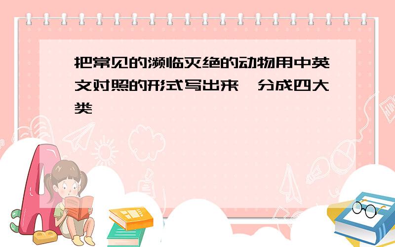 把常见的濒临灭绝的动物用中英文对照的形式写出来,分成四大类